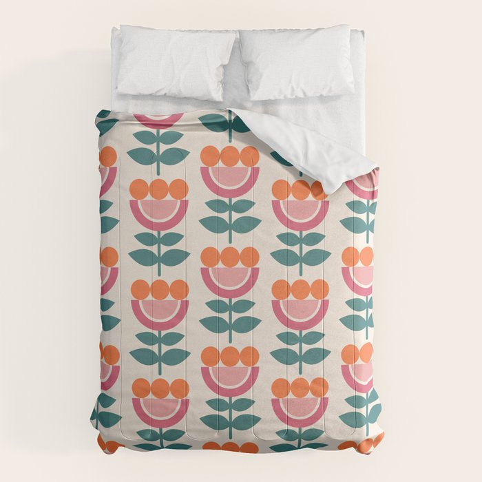 Scandinavian Floral Pattern, Teal, Orange and Pink, Retro Flowers 4 Comforter Gallery Image 1