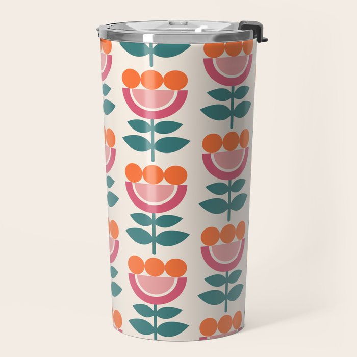 Scandinavian Floral Pattern, Teal, Orange and Pink, Retro Flowers 4 Travel Mug Gallery Image 2