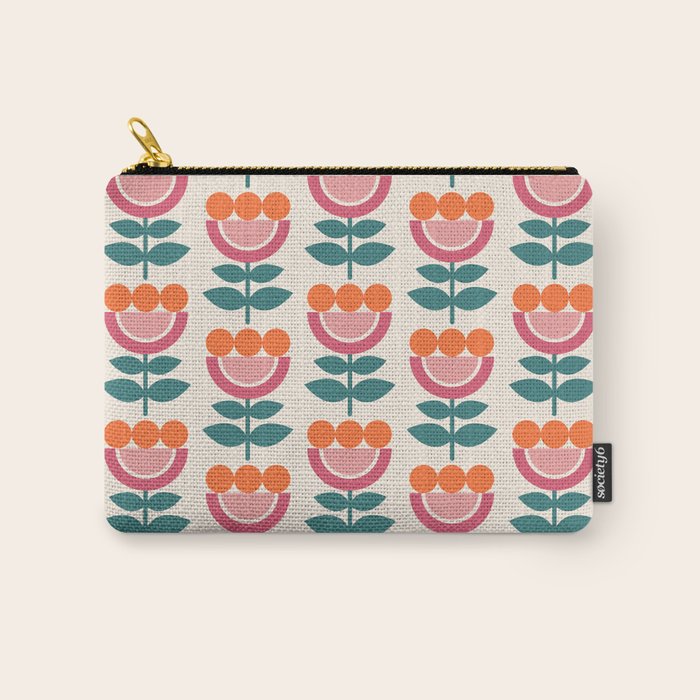 Scandinavian Floral Pattern, Teal, Orange and Pink, Retro Flowers 4 Carry All Pouch Gallery Image 1