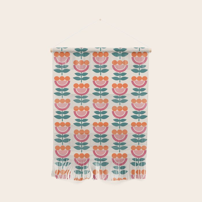 Scandinavian Floral Pattern, Teal, Orange and Pink, Retro Flowers 4 Wall Hanging Gallery Image 1