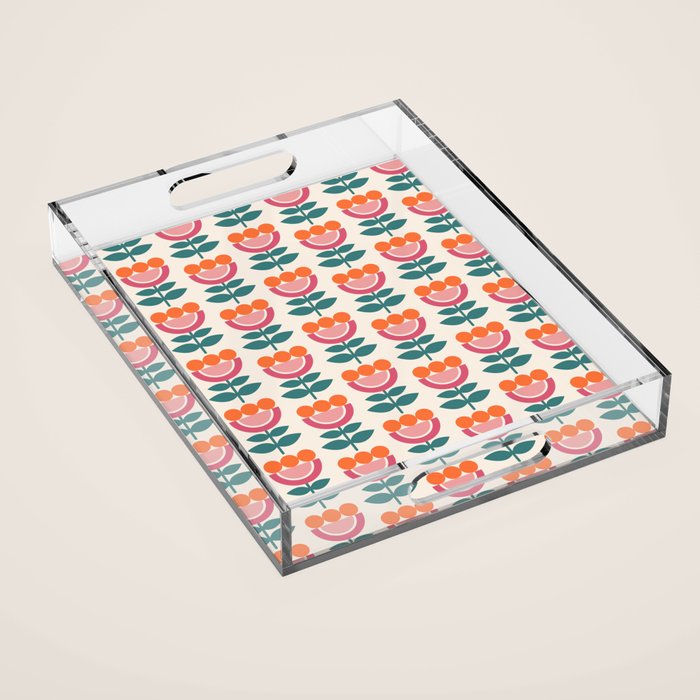 Scandinavian Floral Pattern, Teal, Orange and Pink, Retro Flowers 4 Acrylic Tray Gallery Image 1