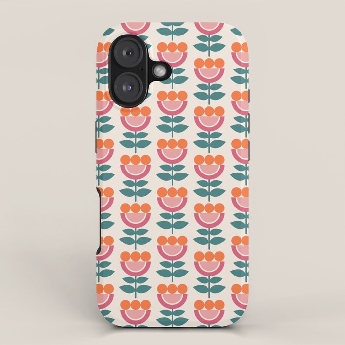 Scandinavian Floral Pattern, Teal, Orange and Pink, Retro Flowers 4 iPhone Case Gallery Image 1