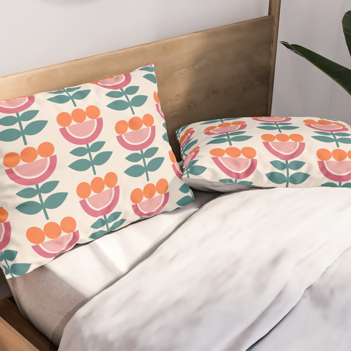Scandinavian Floral Pattern, Teal, Orange and Pink, Retro Flowers 4 Pillow Sham Gallery Image 2
