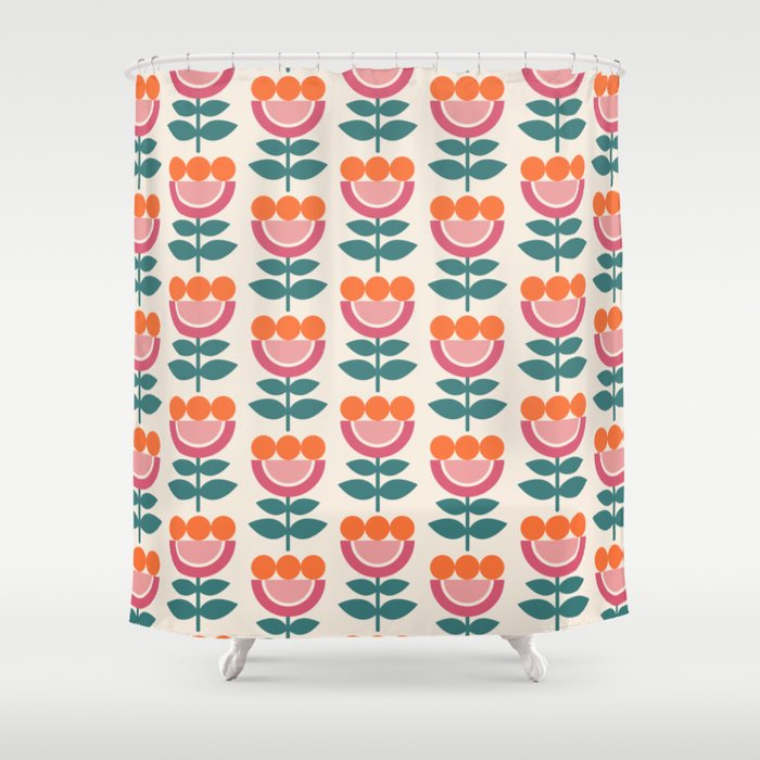 Scandinavian Floral Pattern, Teal, Orange and Pink, Retro Flowers 4 Shower Curtain Gallery Image 1