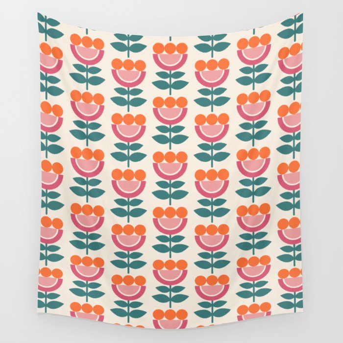 Scandinavian Floral Pattern, Teal, Orange and Pink, Retro Flowers 4 Wall Tapestry Gallery Image 4