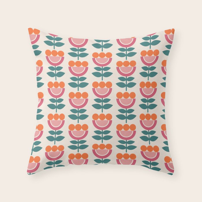 Scandinavian Floral Pattern, Teal, Orange and Pink, Retro Flowers 4 Throw Pillow Gallery Image 6