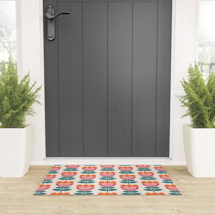 Scandinavian Floral Pattern, Teal, Orange and Pink, Retro Flowers 4 Welcome Mat Gallery Image 3