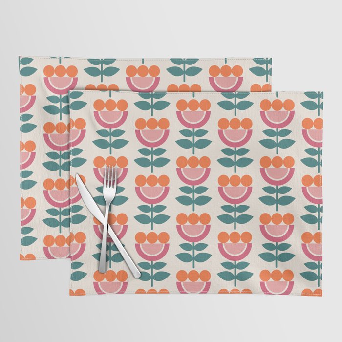 Scandinavian Floral Pattern, Teal, Orange and Pink, Retro Flowers 4 Placemat Gallery Image 1