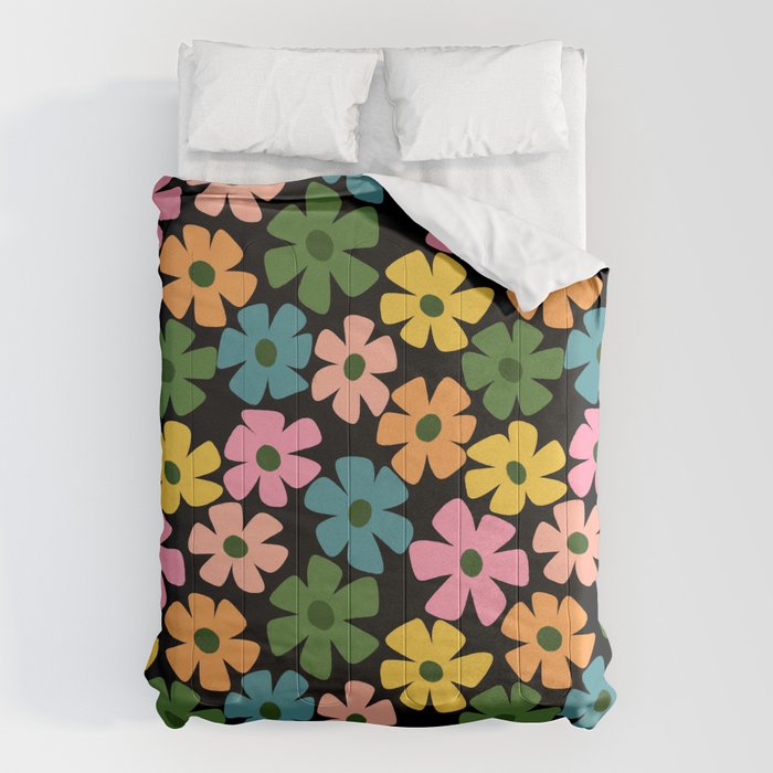 Retro Flower - Big Daisy Black background Comforter Gallery Image 1