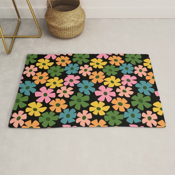 Retro Flower - Big Daisy Black background Rug Gallery Image 1
