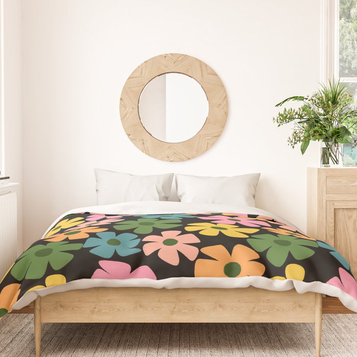 Retro Flower - Big Daisy Black background Duvet Cover Gallery Image 3