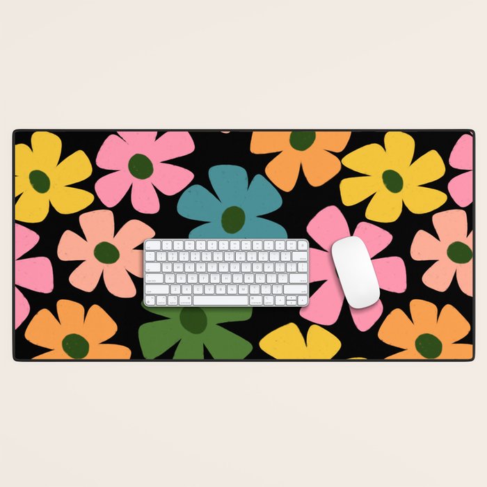 Retro Flower - Big Daisy Black background Desk Mat Gallery Image 1