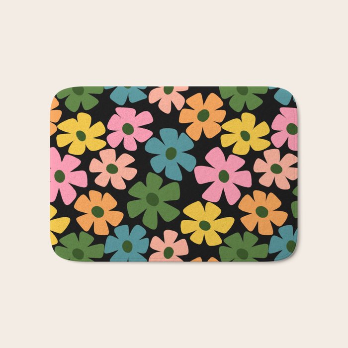Retro Flower - Big Daisy Black background Bath Mat Gallery Image 1