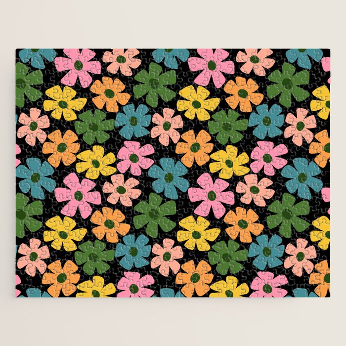 Retro Flower - Big Daisy Black background Jigsaw Puzzle Gallery Image 1