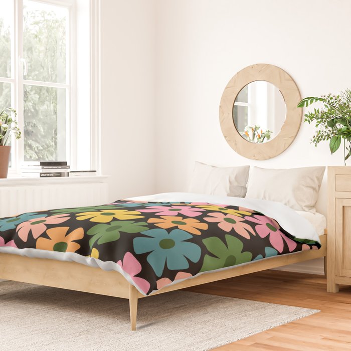 Retro Flower - Big Daisy Black background Duvet Cover Gallery Image 2