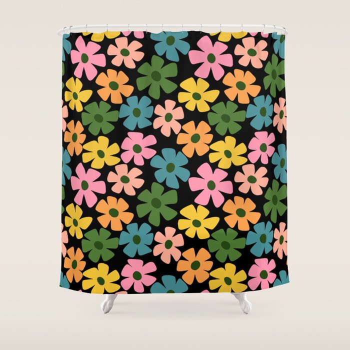Retro Flower - Big Daisy Black background Shower Curtain Gallery Image 1