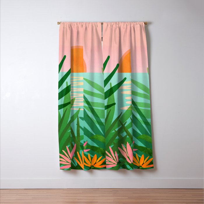 Tropical Views - Pink and Green Landscape Illustration Window Curtain Gallery Image 3