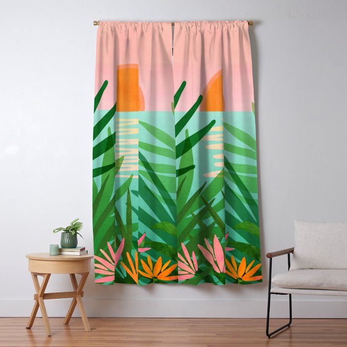 Tropical Views - Pink and Green Landscape Illustration Window Curtain Gallery Image 5