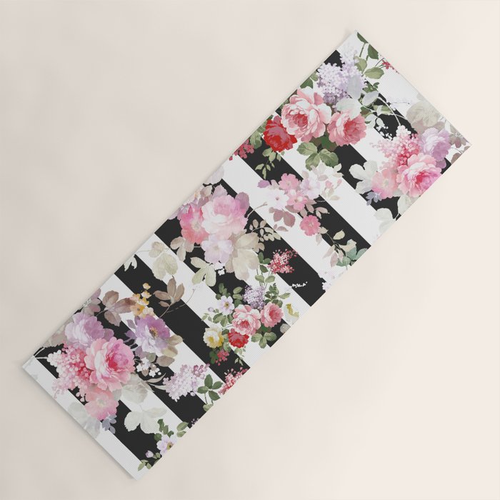 Bold pink watercolor roses floral black white stripes Yoga Mat Gallery Image 1