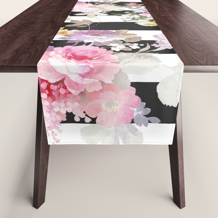 Bold pink watercolor roses floral black white stripes Table Runner Gallery Image 1