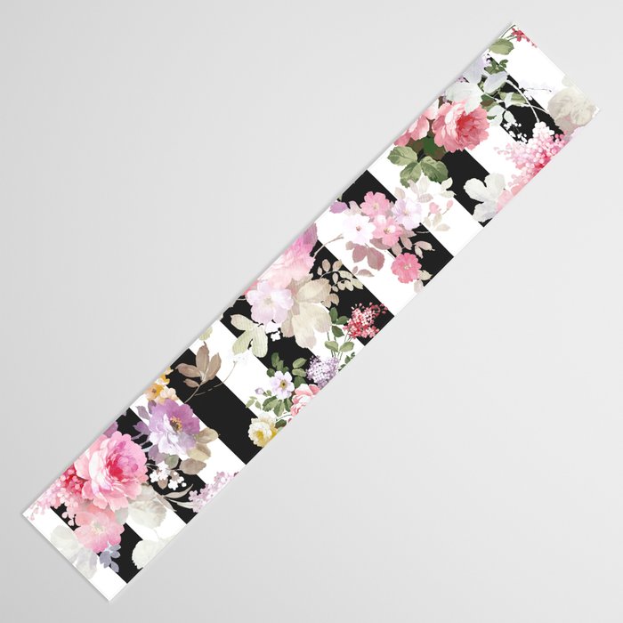 Bold pink watercolor roses floral black white stripes Table Runner Gallery Image 3