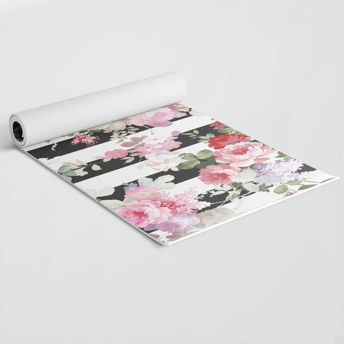 Bold pink watercolor roses floral black white stripes Yoga Mat Gallery Image 2