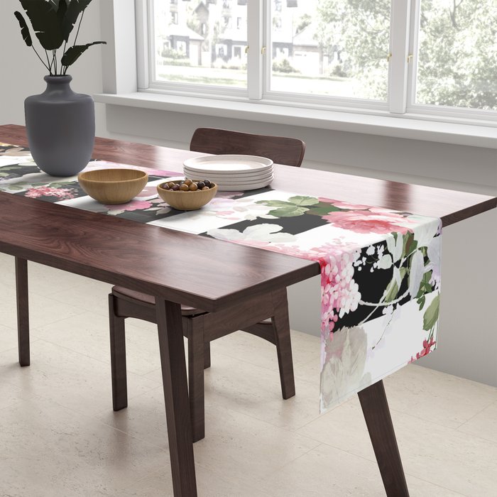 Bold pink watercolor roses floral black white stripes Table Runner Gallery Image 2
