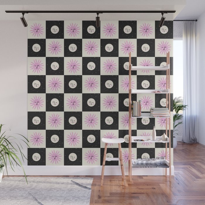 Sun & Moon Checkered Pattern Black & Cream Wall Mural Gallery Image 1
