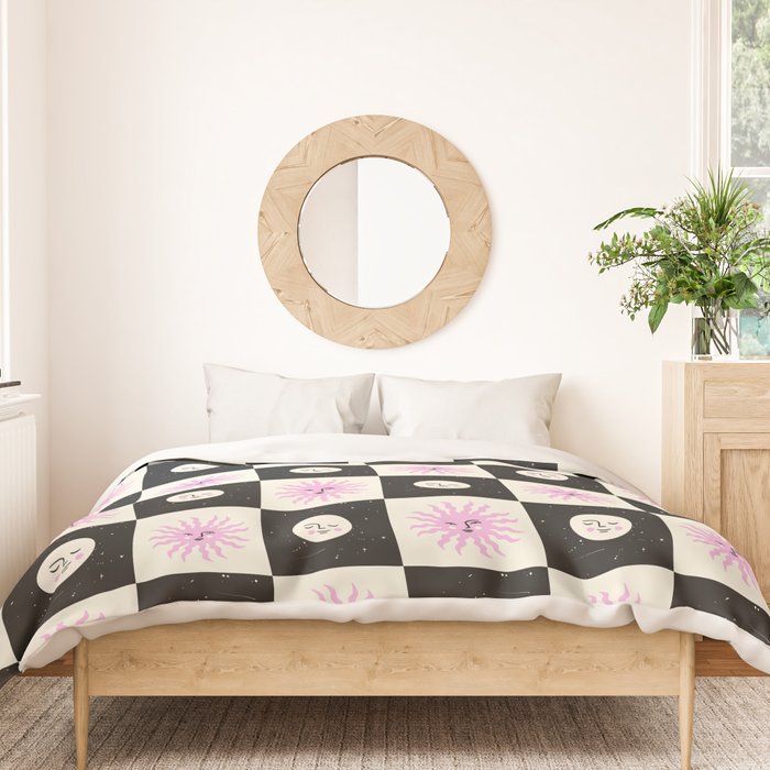 Sun & Moon Checkered Pattern Black & Cream Duvet Cover Gallery Image 3