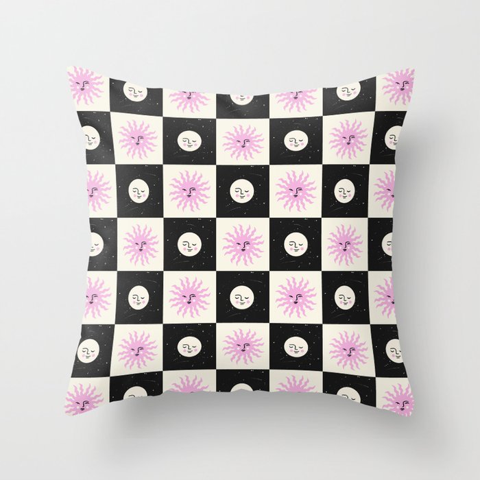Sun & Moon Checkered Pattern Black & Cream Throw Pillow Gallery Image 6