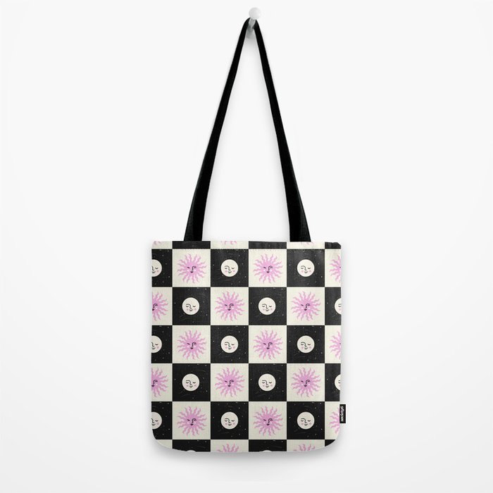 Sun & Moon Checkered Pattern Black & Cream Tote Bag Gallery Image 2