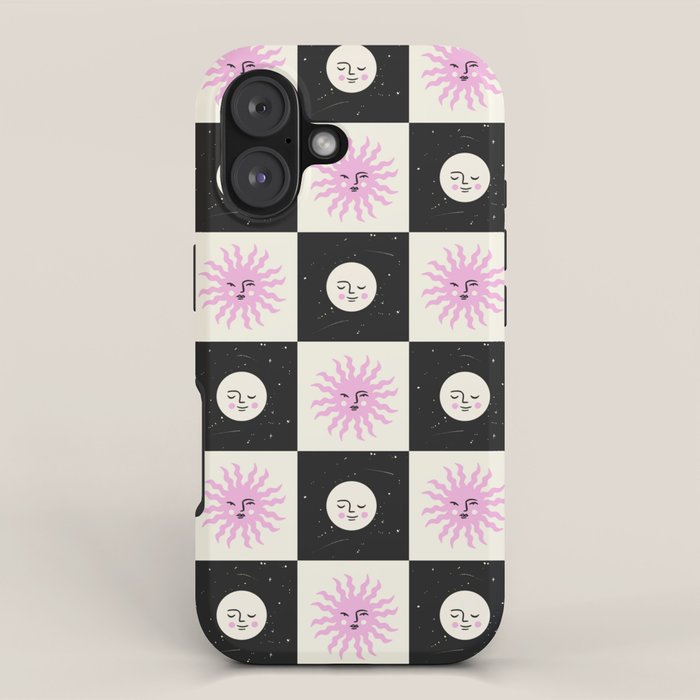Sun & Moon Checkered Pattern Black & Cream iPhone Case Gallery Image 1