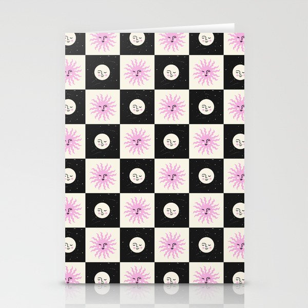 Sun & Moon Checkered Pattern Black & Cream Stationery Card Gallery Image 2
