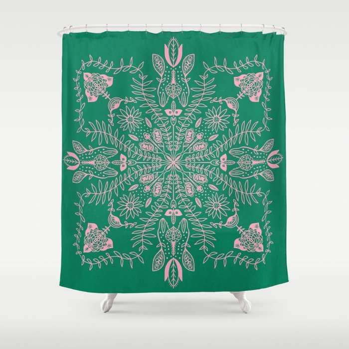 Flores, Emerald & Pink Shower Curtain Gallery Image 1