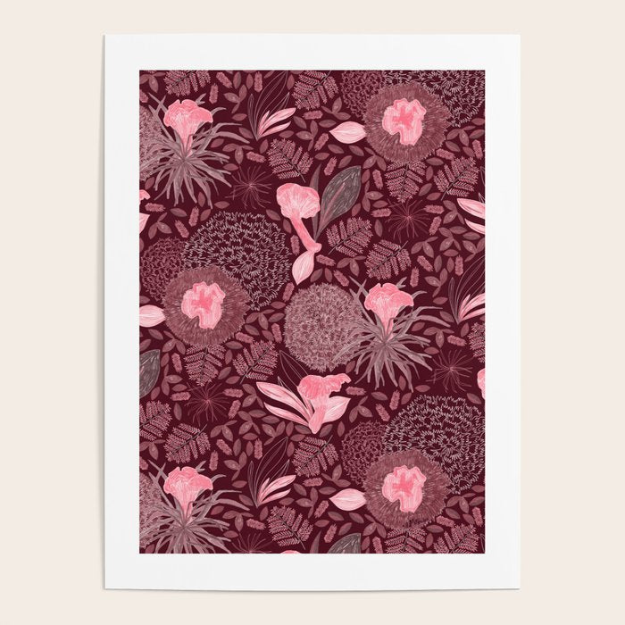 Forest Full of Wild Mushrooms in Burgundy & Peach Poster Gallery Image 1