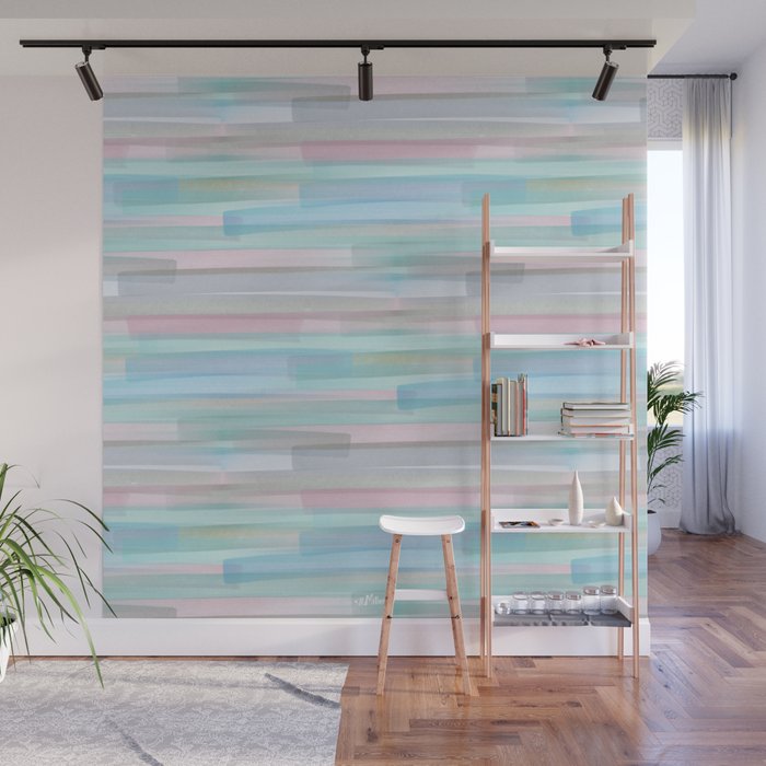 Abstract Watercolor Waves in Sky & Seafoam Wall Mural Gallery Image 1