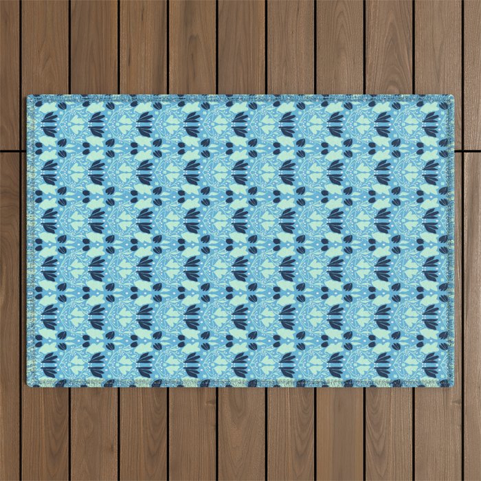 Star of David Art Nouveau Shades of Blue Jewish Star Botanical Outdoor Rug Gallery Image 1