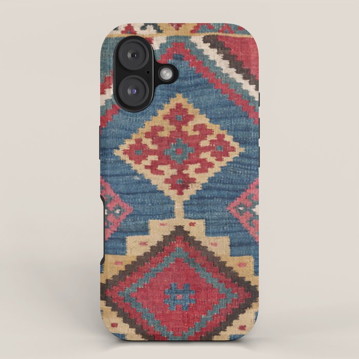 Vintage Woven Kilim // 19th Century Colorful Royal Blue Yellow Authentic Classic Ornate Accent Patte iPhone Case Gallery Image 1