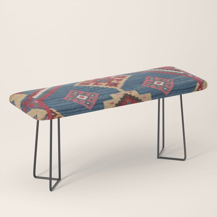 Vintage Woven Kilim // 19th Century Colorful Royal Blue Yellow Authentic Classic Ornate Accent Patte Bench Gallery Image 1