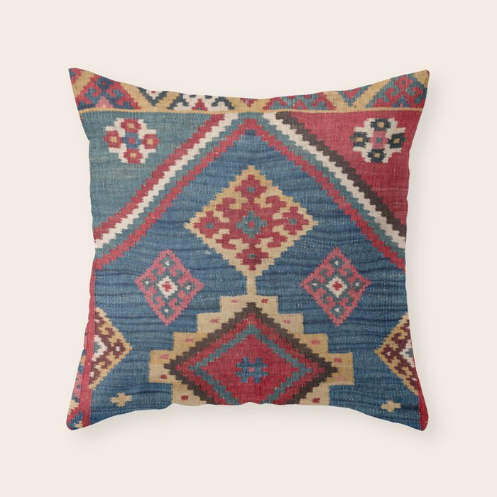Vintage Woven Kilim // 19th Century Colorful Royal Blue Yellow Authentic Classic Ornate Accent Patte Throw Pillow Gallery Image 6