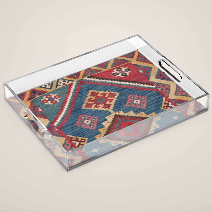 Vintage Woven Kilim // 19th Century Colorful Royal Blue Yellow Authentic Classic Ornate Accent Patte Acrylic Tray Gallery Image 1