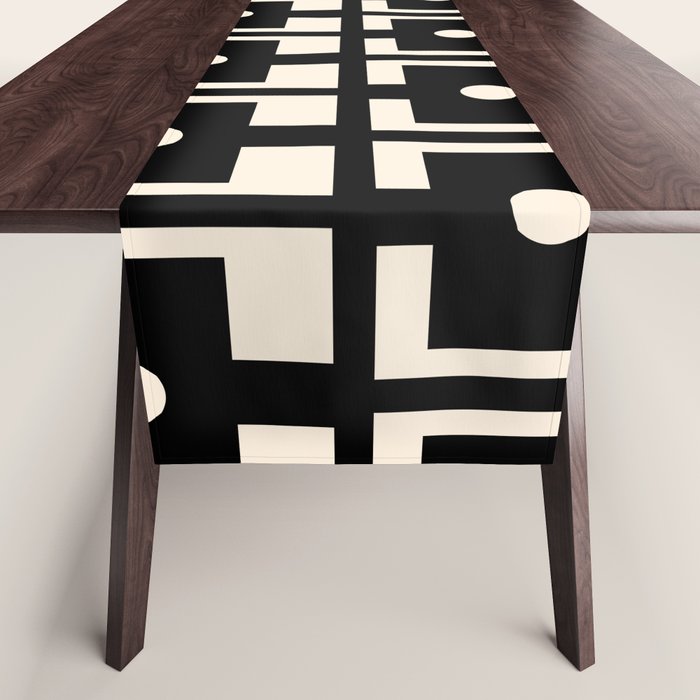 Mid Century Modern Rektangel Geometric Pattern Black and Almond Cream Table Runner Gallery Image 1
