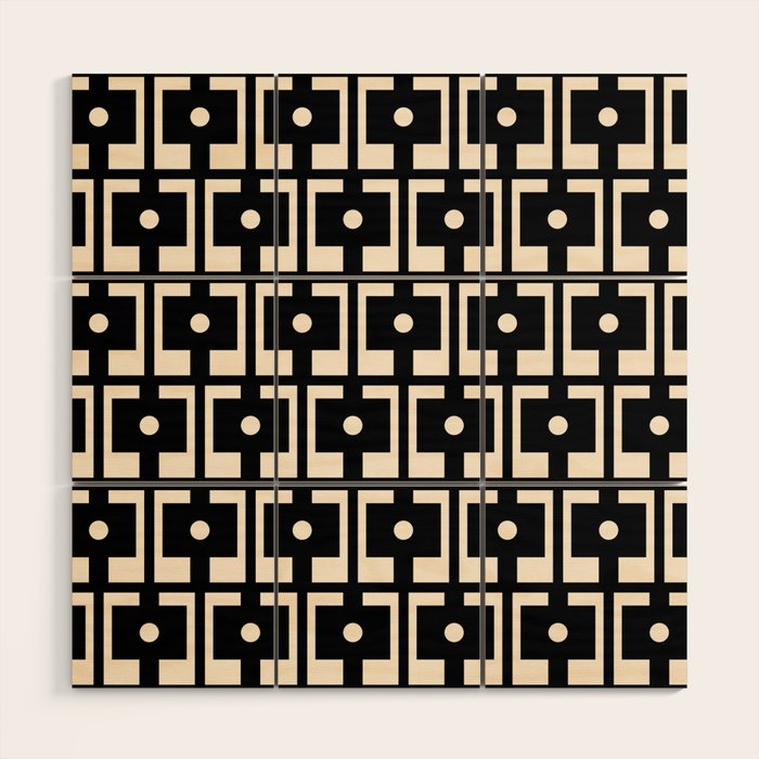 Mid Century Modern Rektangel Geometric Pattern Black and Almond Cream Wood Wall Art Gallery Image 1