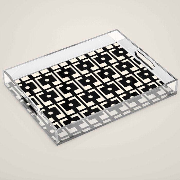 Mid Century Modern Rektangel Geometric Pattern Black and Almond Cream Acrylic Tray Gallery Image 1