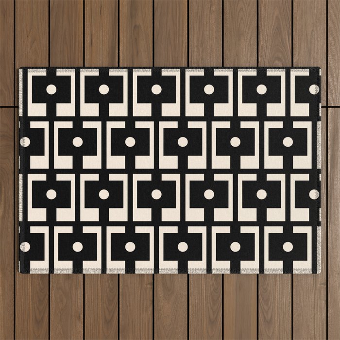 Mid Century Modern Rektangel Geometric Pattern Black and Almond Cream Outdoor Rug Gallery Image 1