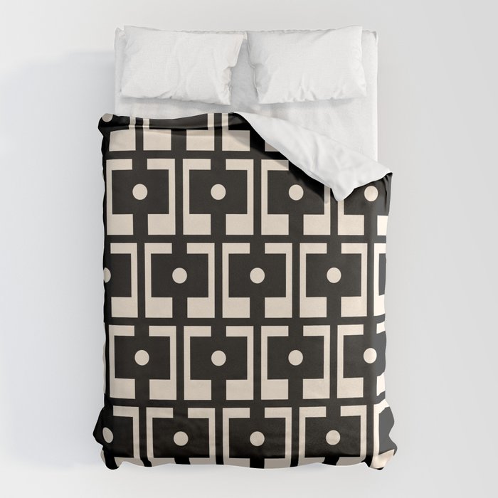 Mid Century Modern Rektangel Geometric Pattern Black and Almond Cream Duvet Cover Gallery Image 1
