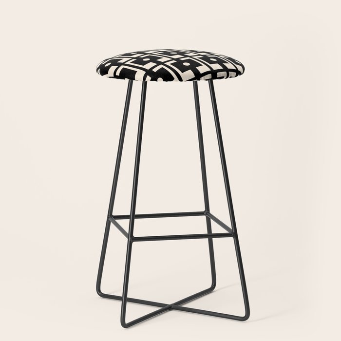 Mid Century Modern Rektangel Geometric Pattern Black and Almond Cream Stool Gallery Image 1