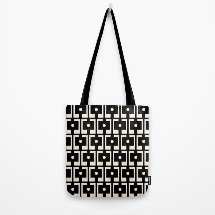 Mid Century Modern Rektangel Geometric Pattern Black and Almond Cream Tote Bag Gallery Image 2