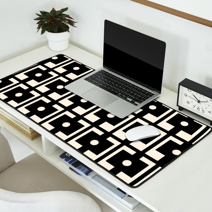 Mid Century Modern Rektangel Geometric Pattern Black and Almond Cream Desk Mat Gallery Image 2