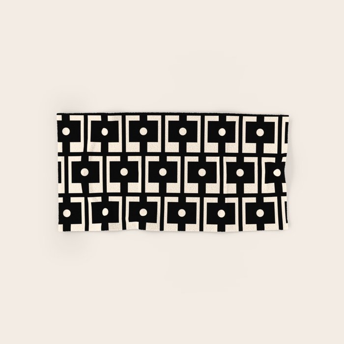 Mid Century Modern Rektangel Geometric Pattern Black and Almond Cream Bath Towel Gallery Image 1